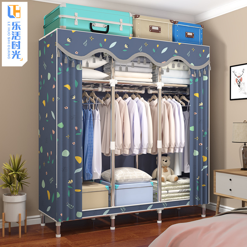 Wardrobe Simple Cloth Wardrobe Thickened Steel Pipe Reinforced Double Wardrobe Assembly Fabric Full Steel Frame Hanger Clothes Cabinet Storage