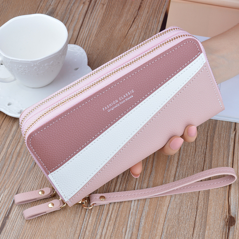 new wallet women‘s long double zip clutch double-layer wallet fashion color contrast large-capacity coin purse mobile phone bag