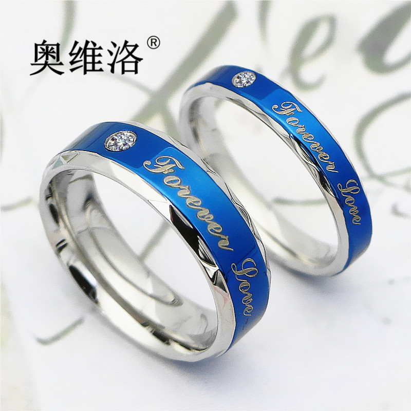 奥维洛韩版钛钢情侣戒指永恒的爱情侣对钻戒个性男女设计时尚蓝色