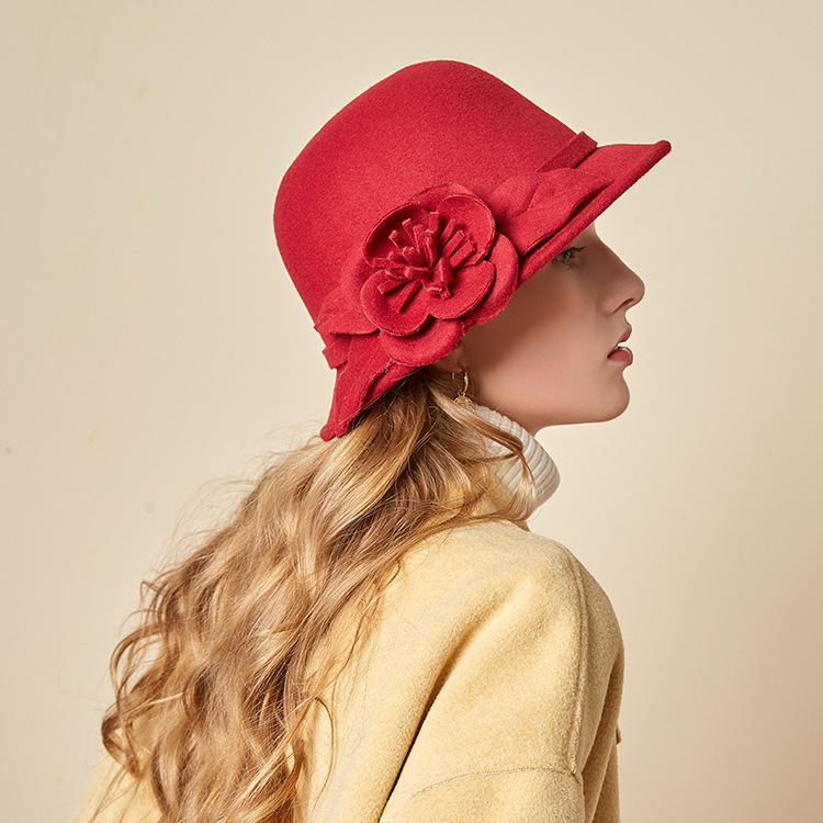 2023 new hat female autumn and winter british woolen bucket hat fashion flower bucket hat warm felt hat