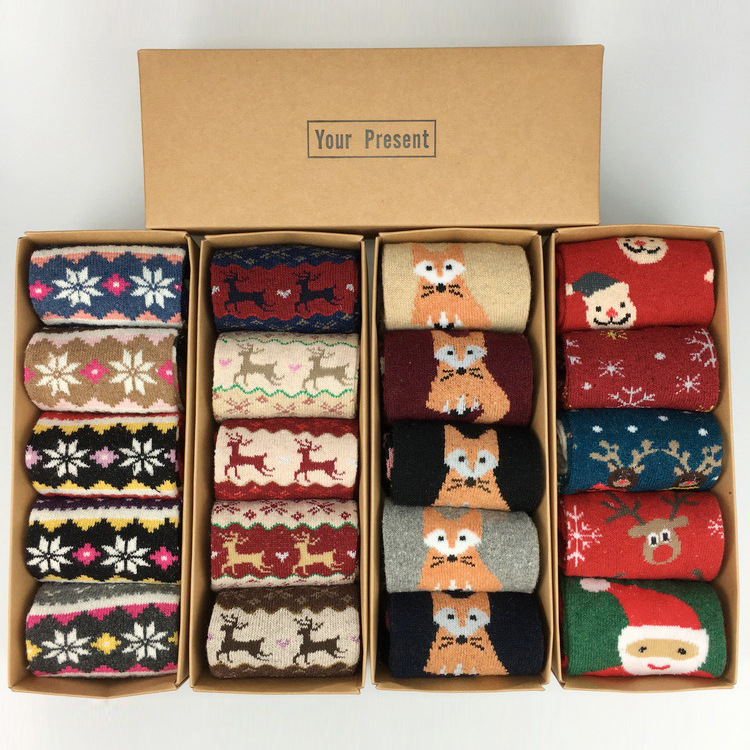 Boxed Christmas Socks New Autumn and Winter Wool Socks Thickened Warm Gold Silk Deer Women's Mid-Calf Socks One-Piece Delivery