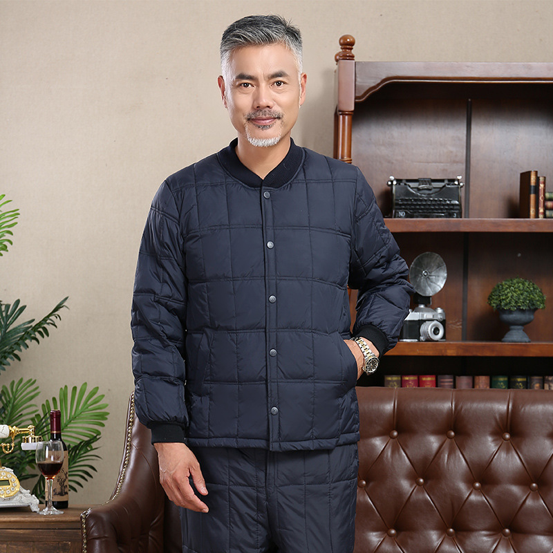 Middle-Aged and Elderly Men's down Jacket Liner Suit Winter Dad's Thickened down Pants + Thermal Underwear Two-Piece Suit