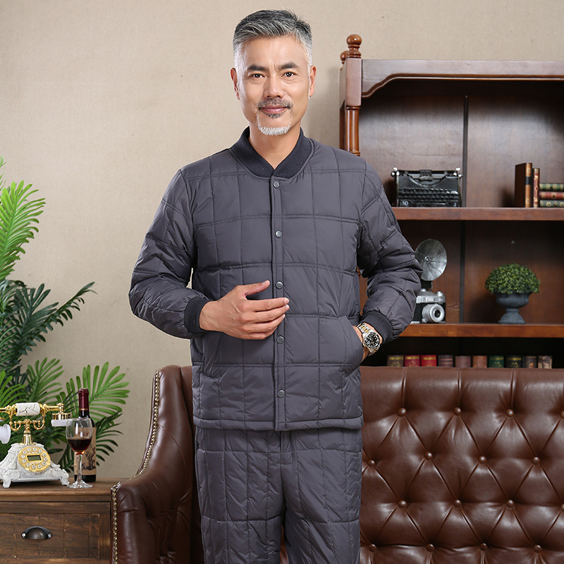 Middle-Aged and Elderly Men's down Jacket Liner Suit Winter Dad's Thickened down Pants + Thermal Underwear Two-Piece Suit