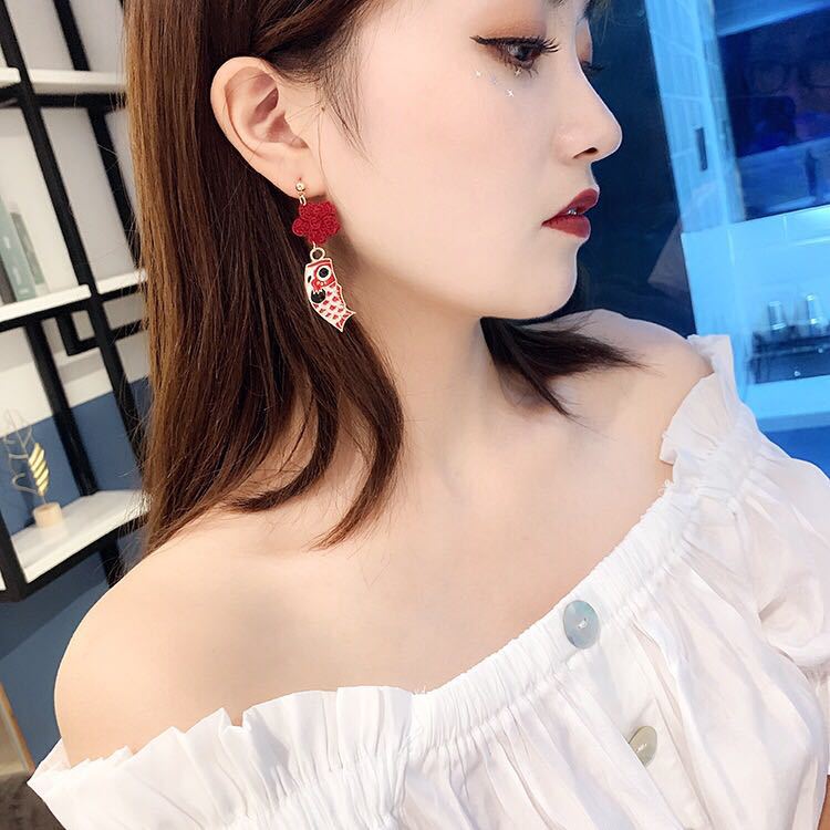Retro Red Koi Flower Earrings Korean-Style Women's Retro Asymmetric Fishtail Simple Long Ear Studs Earrings