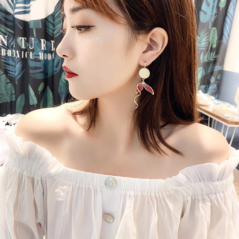 Retro Red Koi Flower Earrings Korean-Style Women's Retro Asymmetric Fishtail Simple Long Ear Studs Earrings