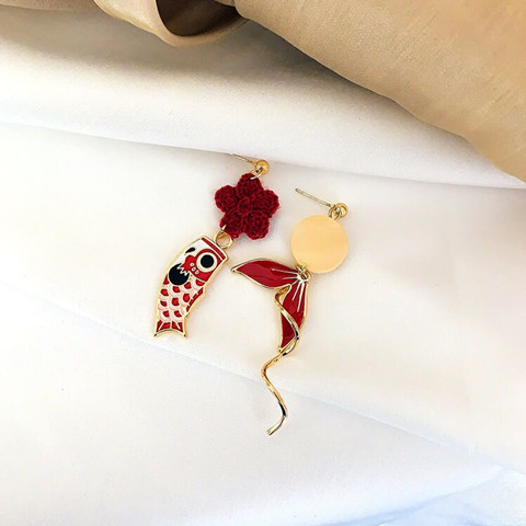 Retro Red Koi Flower Earrings Korean-Style Women's Retro Asymmetric Fishtail Simple Long Ear Studs Earrings