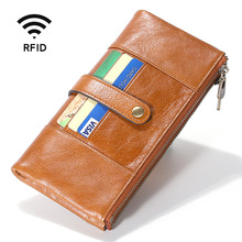 新款油蜡皮手拿真皮钱包男款防磁RFID双拉链钱夹多功能跨境钱袋