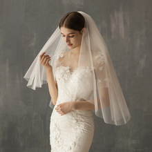 V634厂家批发亚马逊热卖简约白色双层素纱中长款婚礼旅拍新娘头纱