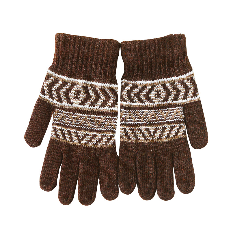 Winter New Men's Cold-Proof Warm Gloves Cycling Fleece-Lined Wool Knitted Full Finger Jacquard Stall Supply Wholesale