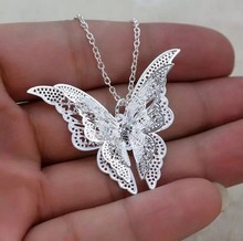 ebay 镀银 镂空尖蝴蝶项链 带链镶钻飞翔翅膀butterfly