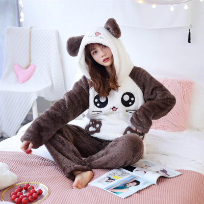 Autumn and Winter Thick Lambskin Ladies Hooded Fleece-Lined Plush Suit Long-Sleeved Flannel Pajamas Women's Homewear