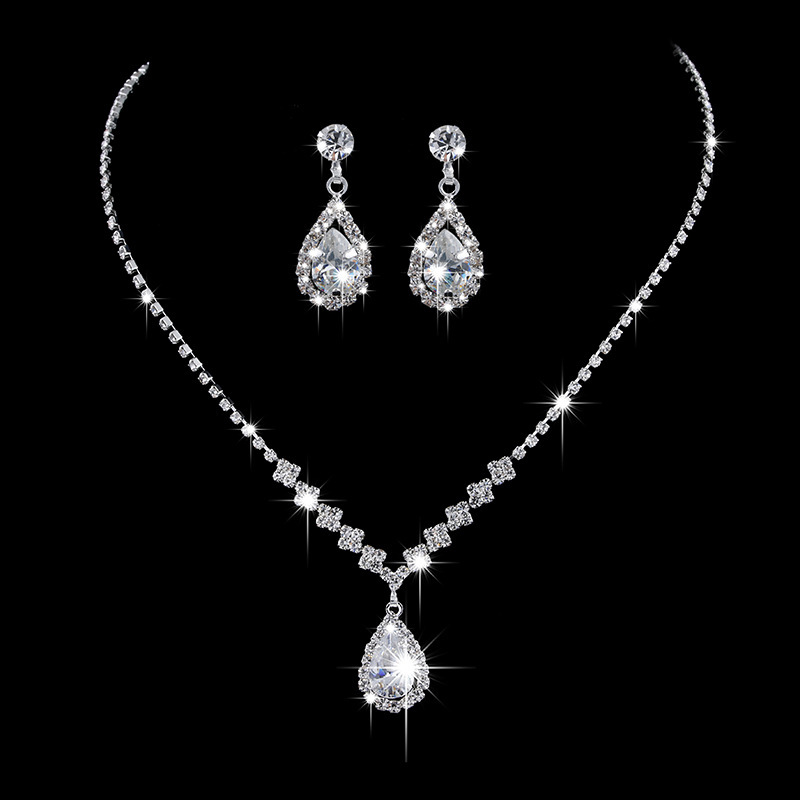 Popular Online Set Wholesale Fashion Bright Diamond Zircon Water Drop Necklace Earrings Bridal Wedding Accessories for Women
