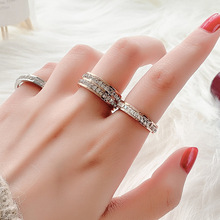跨境爆款韩版镀18K玫瑰金钛钢单双排戒指女生简约满天星食指戒指