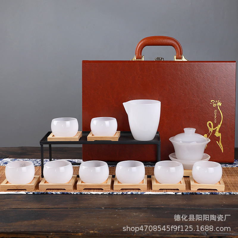 Colored Glaze Jade Porcelain Kung Fu Tea Set Suit Jade Tureen Tea Cup Single Cup Master Cup Business Opening Gift Lo