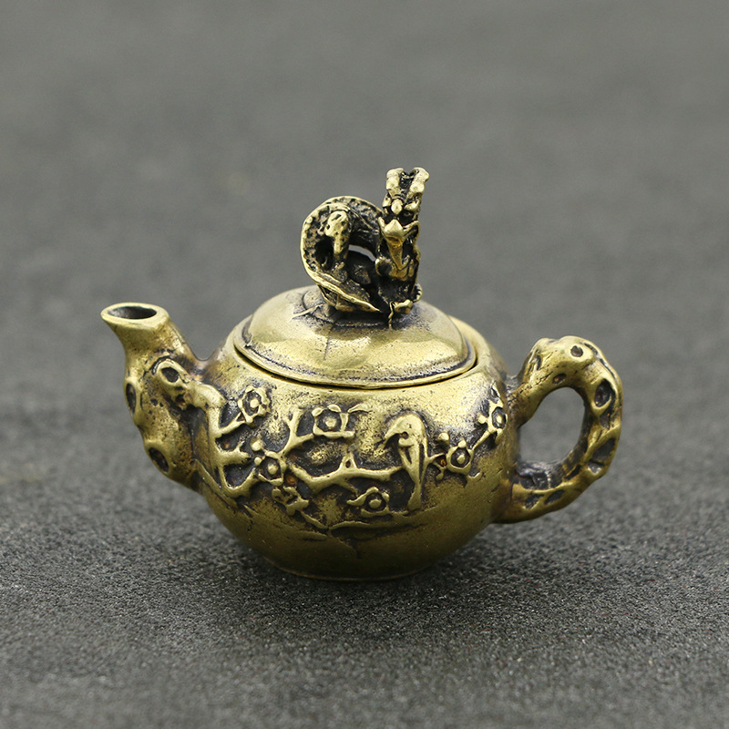 仿古铜器迷你小铜壶喜上眉梢黄铜茶壶水滴龙头盖文玩铜香炉手把件