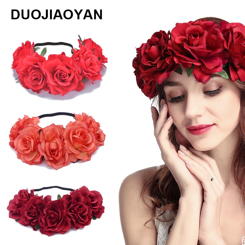 European and American New Christmas Ball Party Hair Accessories Bridal Holiday Simulation Multicolor Rose Headband Headwear