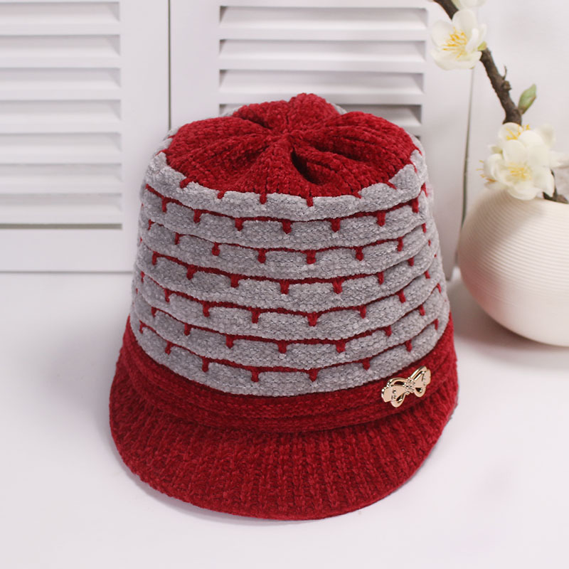 冬季帽子女韩版时尚雪尼尔双色鸭舌帽青年加绒针织八角毛线帽