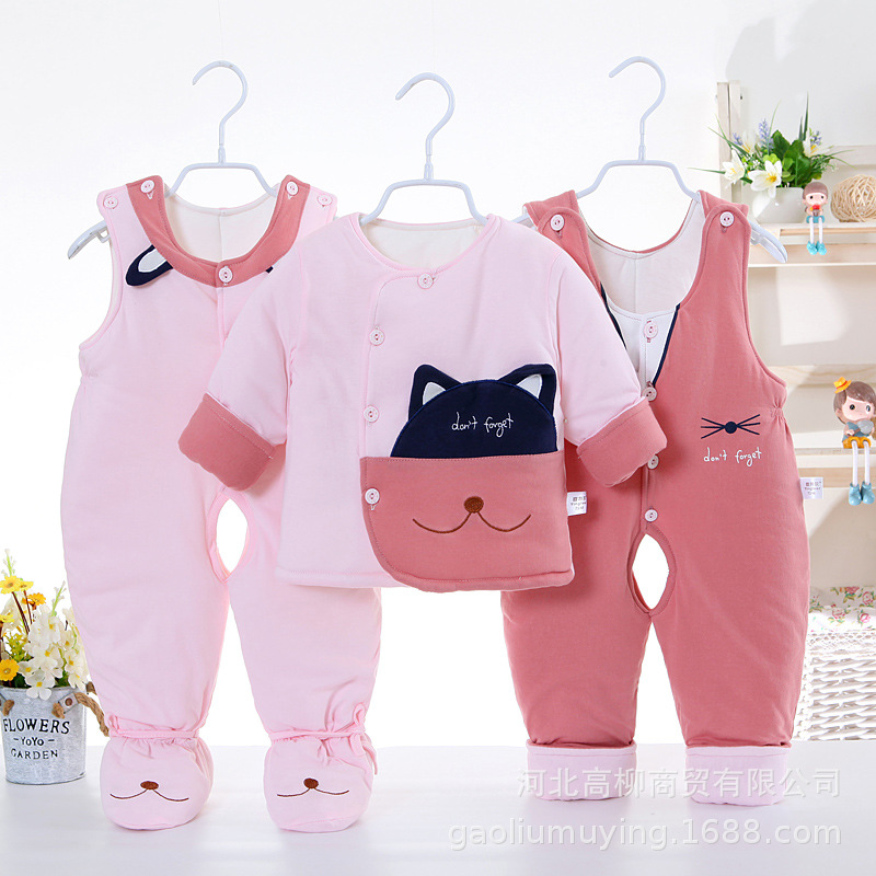 婴儿棉衣套装冬加厚双背带汪星人宝宝棉袄棉裤新生儿衣服一件代发