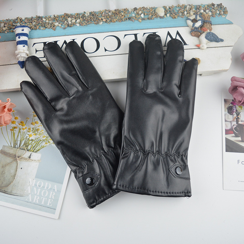 Men's Winter PU Leather Gloves Fleece-lined Warm Touch Screen Black Riding Motorcycle Imitation Leather Women's Gloves Factory Wholesale