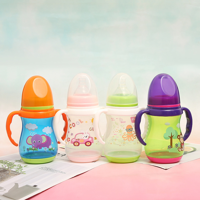 Cartoon Baby Wide Mouth Feeding Bottle Baby Newborn Anti-Flatulence Portable Drop-Resistant Pp Silicone Material Baby Feeding Bottle