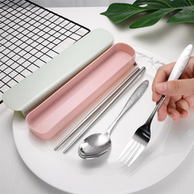 不锈钢餐具套装便携式餐具三件套 小麦秸秆盒装叉子勺子筷子礼品