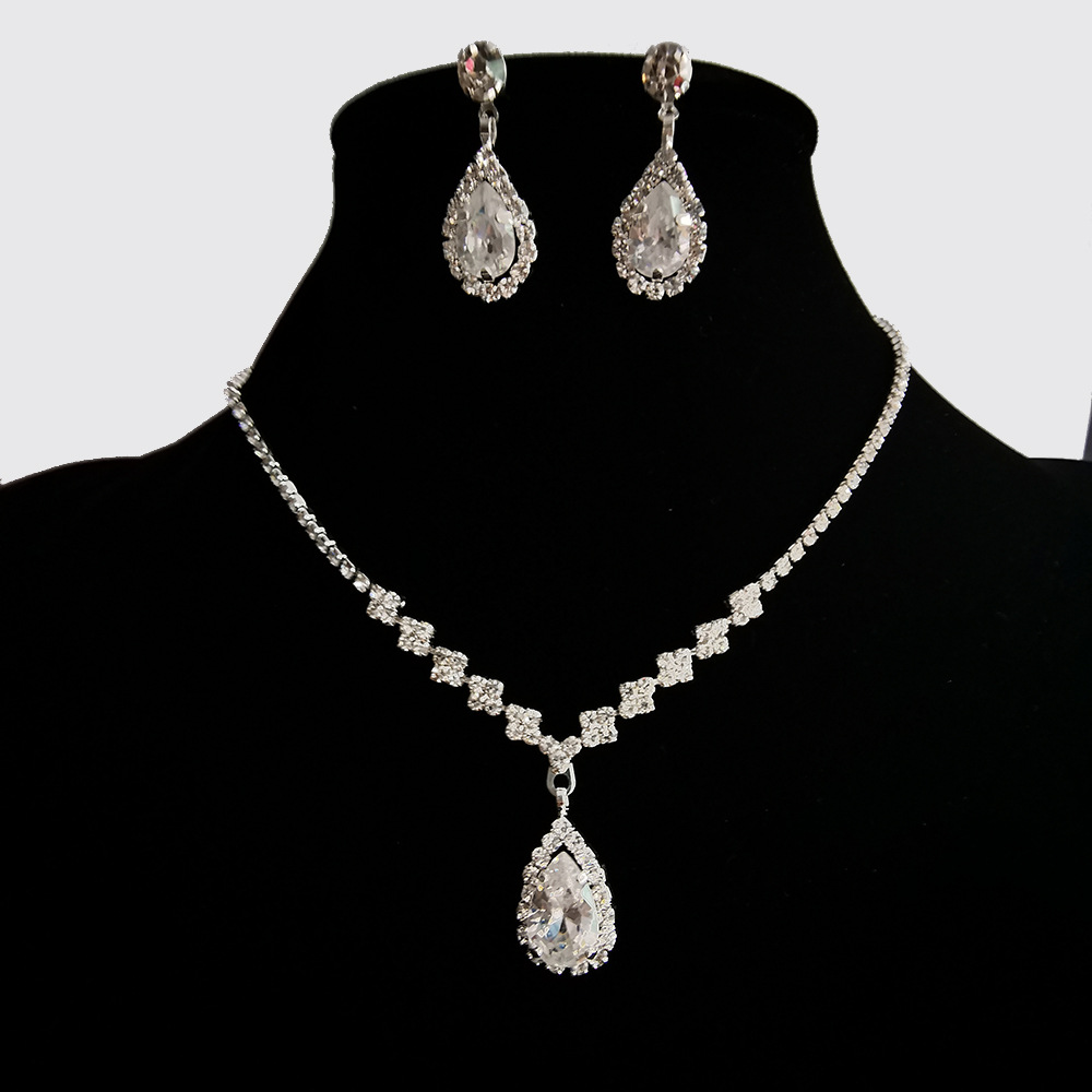 Korean Style Fashion Wedding Bright Diamond Water Drop Necklace Geometric Bridal Wedding Jewelry Earrings Two-Piece Set N5571