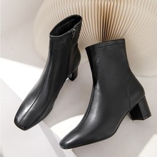 韩版柔软女靴PQ1023轻熟系列早秋法式复古方头中筒粗跟短靴女鞋子