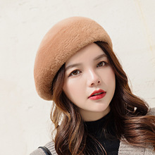 新款韩版女秋冬时尚贝雷帽纯色毛绒帽保暖潮时装帽光板画家帽