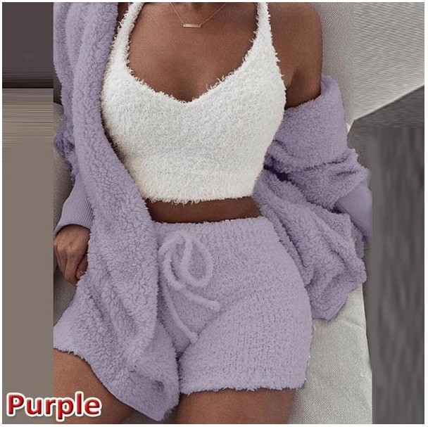 women clothes Cross-Border Women's Clothing European and American Winter Plush Homewear Casual 3-Piece Pajamas Long Sleeve Shorts Sports Suit for Women