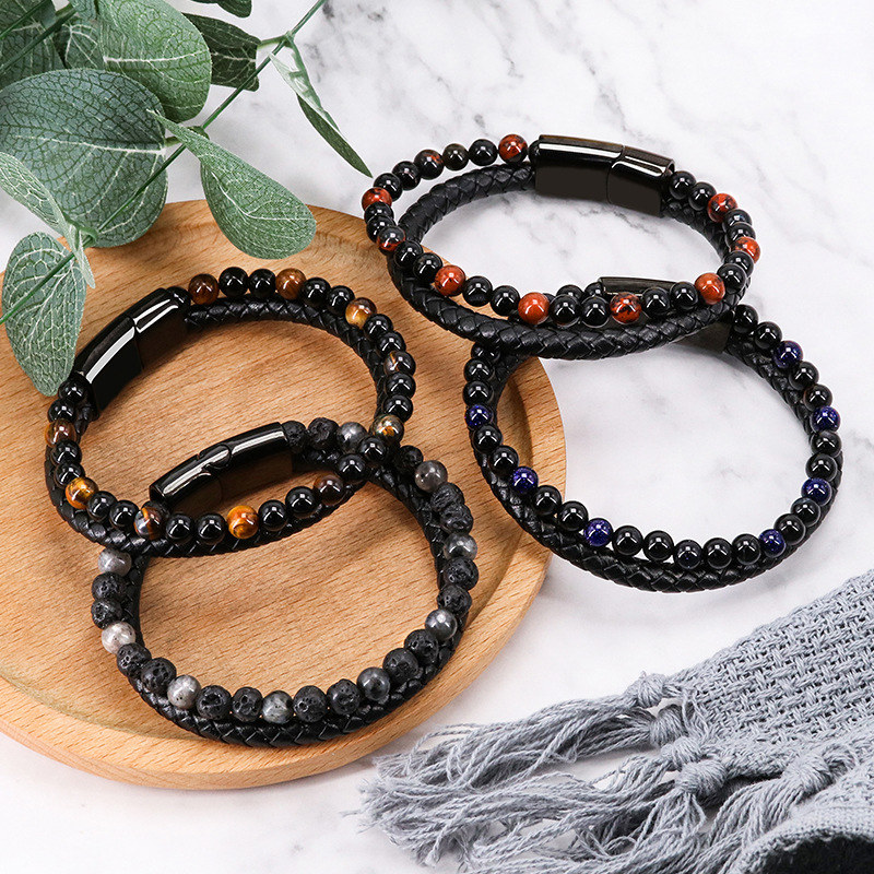 Cross-Border Volcano Tiger Eye Beaded Natural Stone Bracelet Men Cowhide String Bracelets European and American Style Hand Jewelry