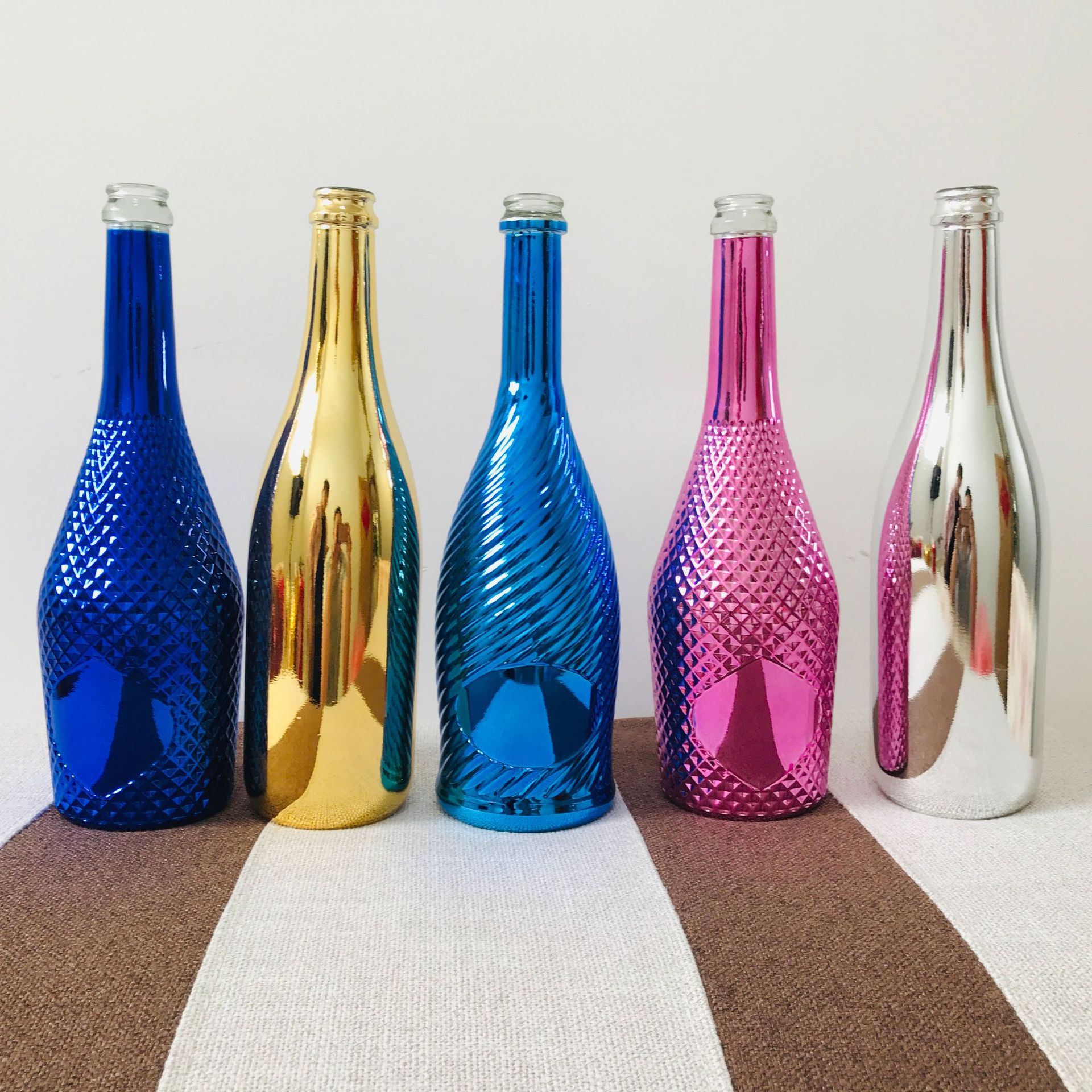 厂家750ml毫升香槟酒瓶电镀金uv 玻璃瓶丝印烫金喷色烤花