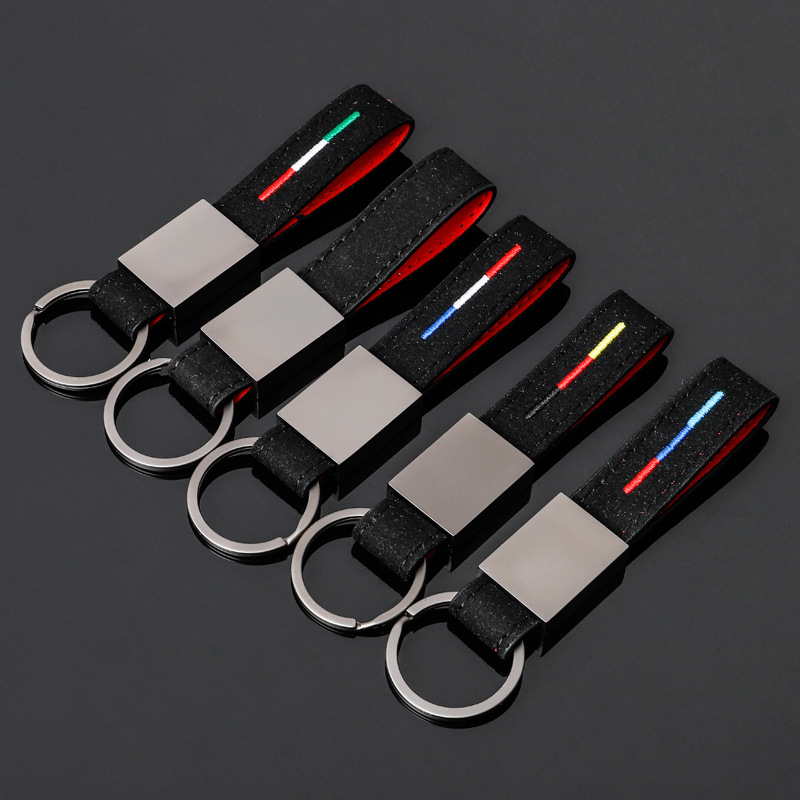 国旗三色刺绣翻毛麂皮汽车真皮钥匙扣适用奔驰大众奥迪钥匙圈挂件