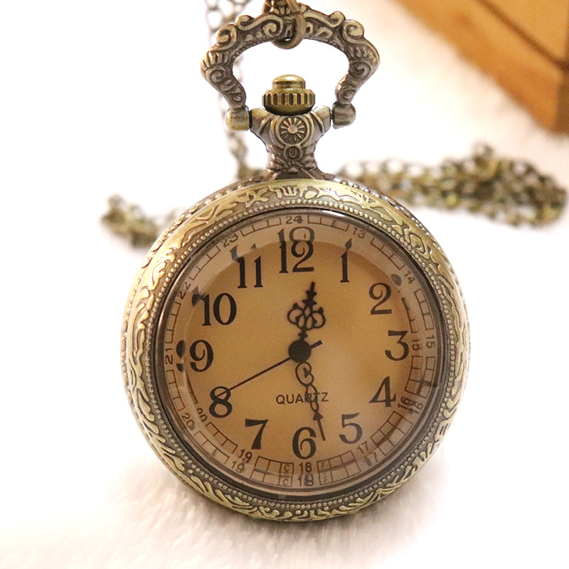 高颜值爆款直播大号古铜色浮雕花边茶色翻盖透明怀表男女项链款经