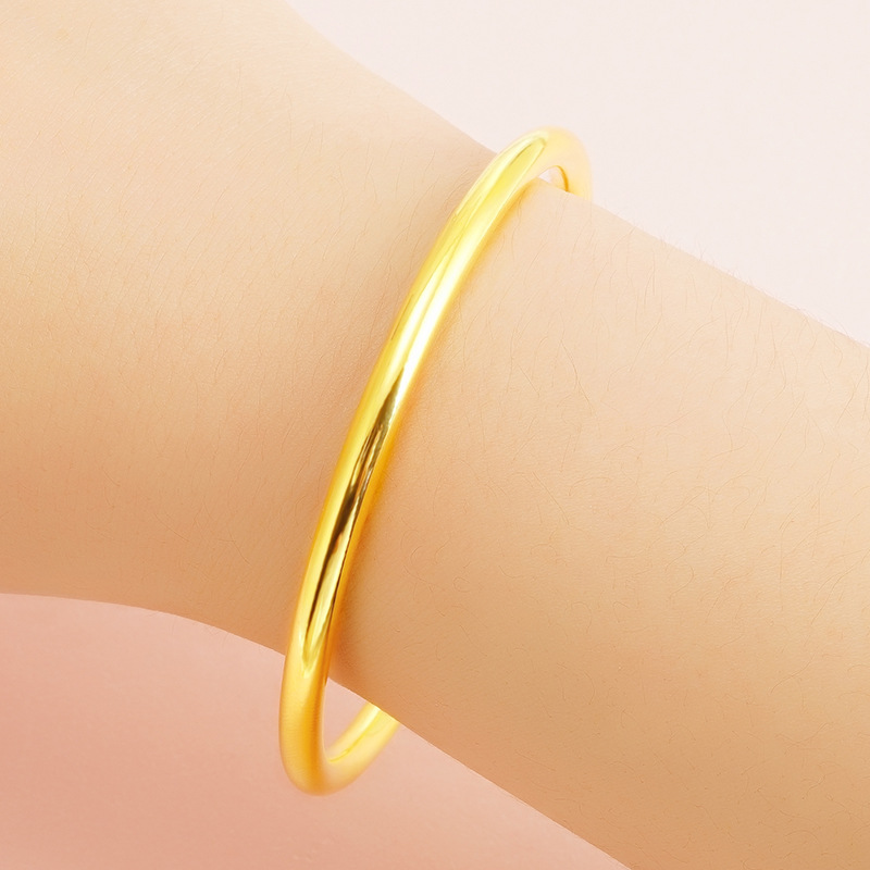 跨境新款喷沙金光面开口手镯 简约黄铜镀真金圆线珠子头手环批发