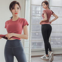 健身房运动T桖女 显瘦运动跑步韩版速干衣 透气网纱瑜伽服带胸垫