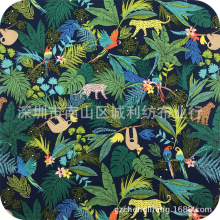 夏威夷森林动物棉麻印花 热带雨林树懶 鹦鹉豹印花衬衫面料童装布