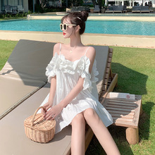 小个子沙滩度假裙露肩白色吊带连衣裙仙女短裙子甜美蓬蓬裙
