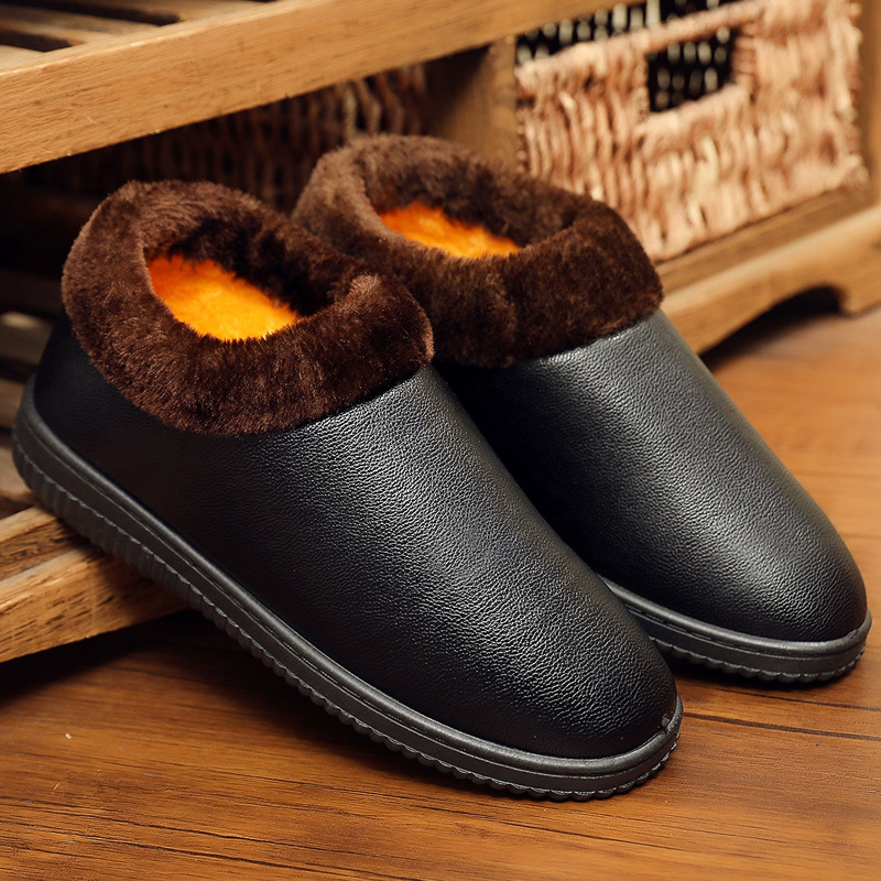23 Cotton Slippers Men's Winter Antislip Bag Heel Fleece-lined Soft Back Thick Back Household Indoor Leather Waterproof Cotton Shoes
