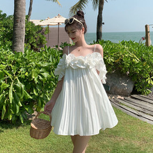 沙滩裙度假风花朵露肩白色吊带连衣裙仙女短裙子甜美蓬蓬裙