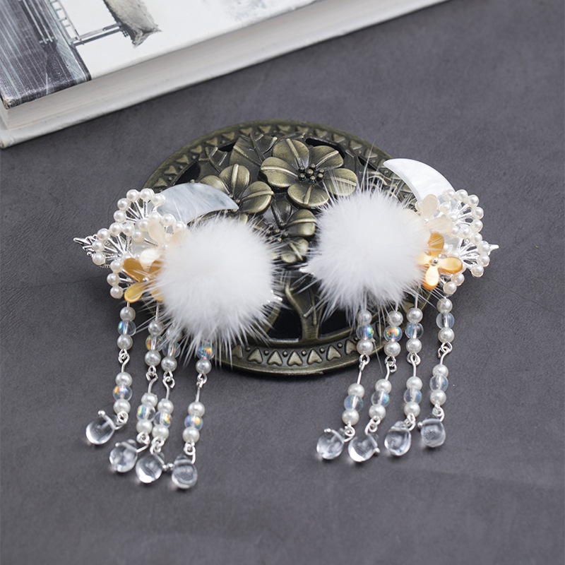 清仓儿童古装头饰古风发夹汉服发饰毛球月亮边夹少女流苏对夹