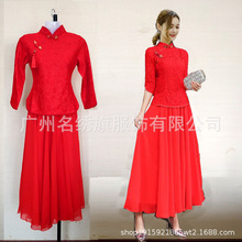 外嫁女回娘家旗袍秋冬红色蕾丝中袖冬装改良套装敬酒服两件套冬季