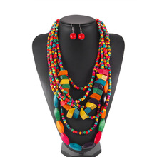 波西米亚民族风流苏项链套装 彩色木质项链非洲风情项链毛衣链