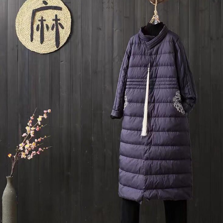 刺绣民族风羽绒服轻薄款复古中长款女装中国风配流苏吊坠气质高品