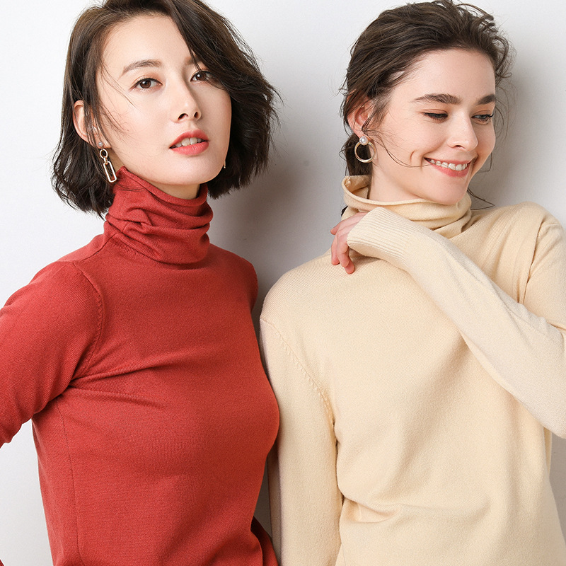 跨境2024春季新款女式针织衫韩版堆堆领修身内搭打底衫针织毛衣女