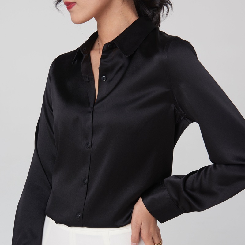 Mulberry Silk Silk Shirt Women's 2024 Spring and Autumn Business Wear Contrast Color Long Sleeves Shirt Commute Slim-Fit Square Collar Top Women Clothes