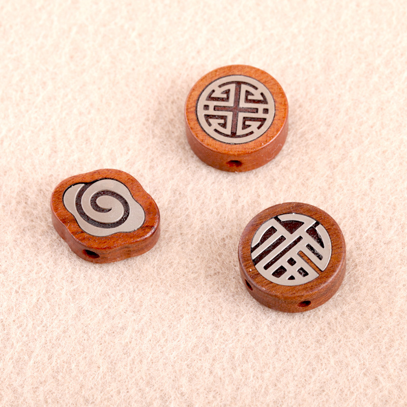 厂家批发花梨木热卖镶银背云福字工艺品礼品配饰diy饰品吊坠隔珠