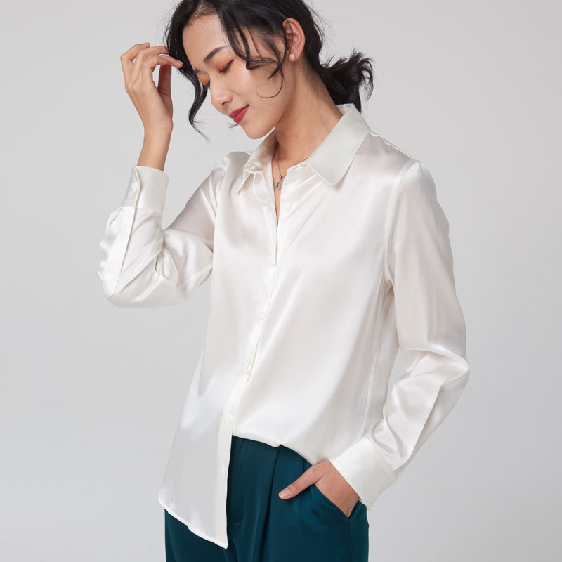 Mulberry Silk Silk Shirt Women's 2024 Spring and Autumn Business Wear Contrast Color Long Sleeves Shirt Commute Slim-Fit Square Collar Top Women Clothes