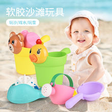 跨境黄鸭儿童洗澡戏水4件套花洒水宝宝水壶套装软胶沙滩水桶玩具