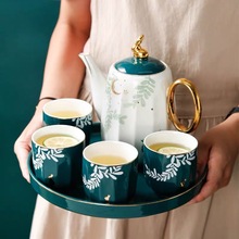 陶瓷水具新款描金绿色家用下午茶具套装清新典雅带托盘陶瓷茶壶杯