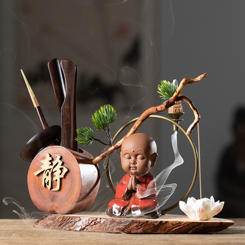 茶道六君子套装黑檀实木功夫茶具配件笔筒哥窑小和尚中式禅意摆件